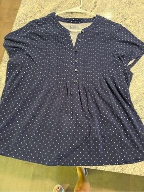 Lands' End Navy and White Polka Dot Pintuck Short Sleeve Blouse